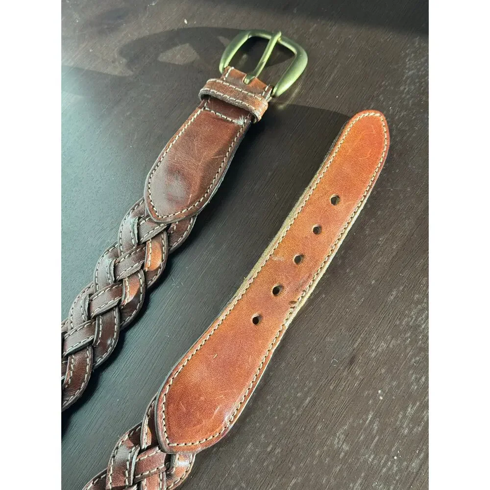 Genuine Leather Braided Woven GAP Belt Brown Brass Buckle Boho Western Size S 30
